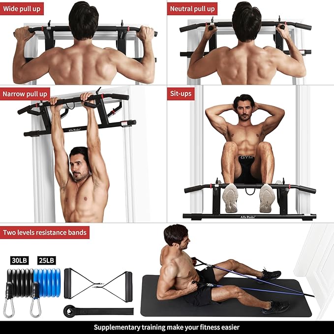 Ally Peaks Pull Up Bar for Doorway,Adjustable Handle Width Pullup Bar with 2Pcs Exercise Resistance Bands,New 2026 Upgraded At Home Workout Equipment Chin Up Bar,Multiple Original U.S. Patents