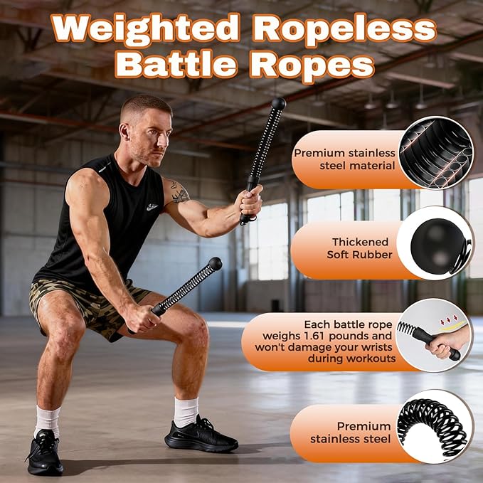 Cordless Battle Rope, Weighted Ropeless Battle Ropes for Home Gym. Battle Ropes Suitable for Strength Training, HIIT, and Joint-Friendly Cardio Exercises, Fitness Levels.（Black）