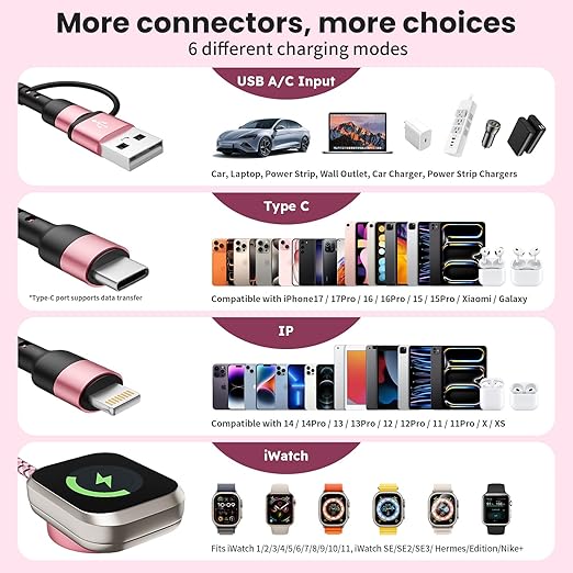 Cruise Travel Essentials, 2Pack 3 in 2 USB A/C Cable to iPhone 17 Charger/iWatch Charger/IP, Multi Charging Cable, Multi Charger Cable for iWatch Series & iPhone 17-11/iPad-5FT Black/Pink Braided