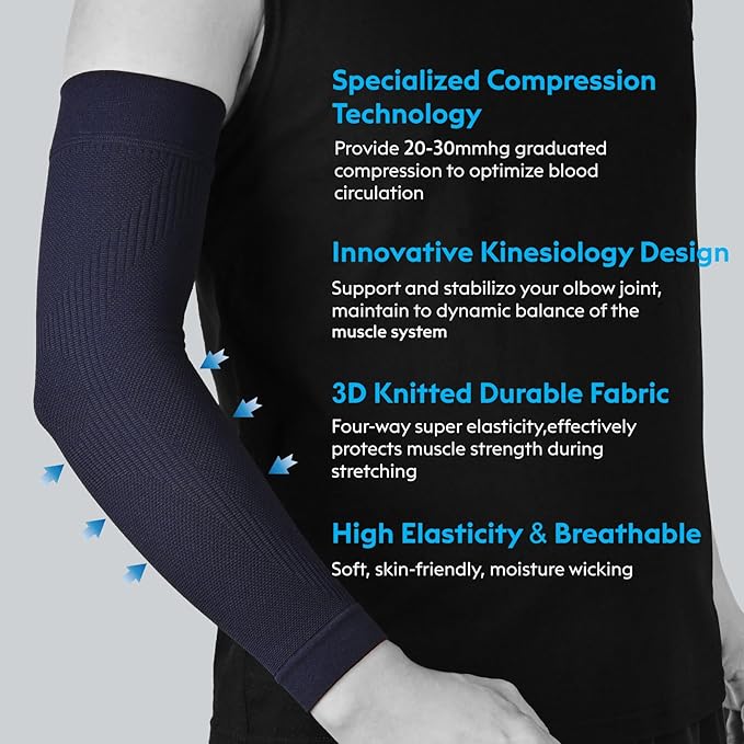 KEKING® Compression Arm Sleeves, Firm 20-30mmHg Graduated Compression Full Arm Support for Recovery, Pain Relief, Tendonitis, Golfers & Tennis Elbow Brace, Workouts Sports - Latex Free Dark Blue S