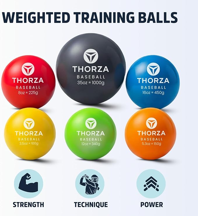 Thorza Weighted Training Balls (6-Pack) – Plyometric Throwing Set for Pitching Velocity & Arm Strength | Color-Coded Overload & Underload for Baseball Training