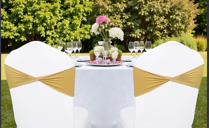 VDS Pack of 100 PCS | Gold | Spandex Chair Sashes Bows Without Buckle | Stretch Elastic Banquet Universal Folding Chair Band Tie with for Wedding Party Conference Celebration Event Decoration