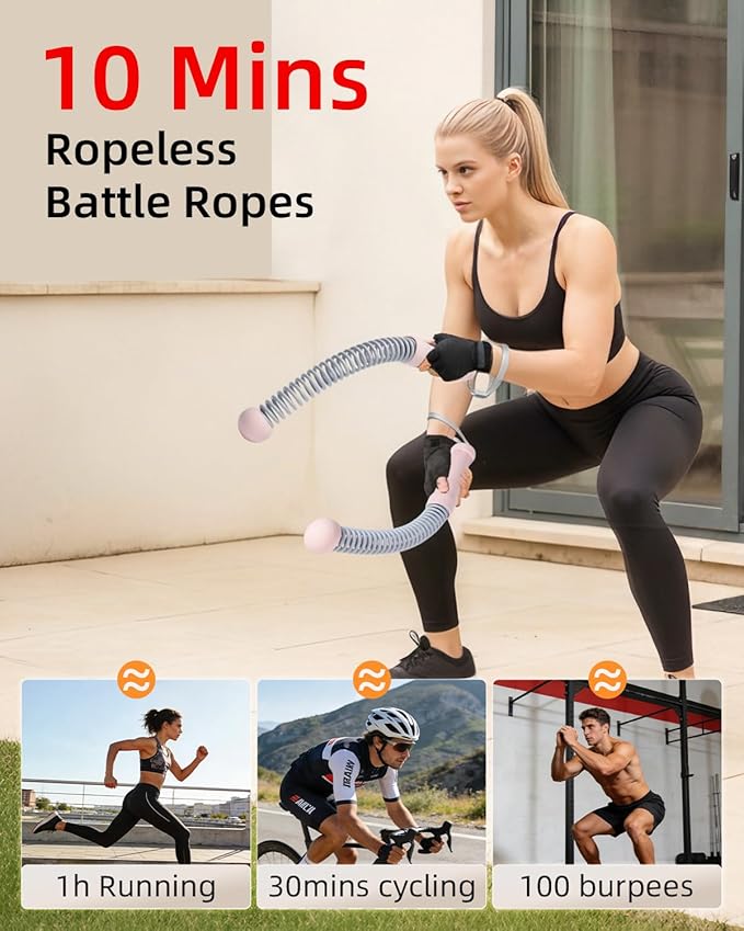 Abahub Weighted Ropeless Battle Rope, Portable Silent Home Workout Equipment, Space Saving Home Gym with Workout Gloves, HIIT and Low-Impact Aerobic Training for Men & Women, 2PCS Pink