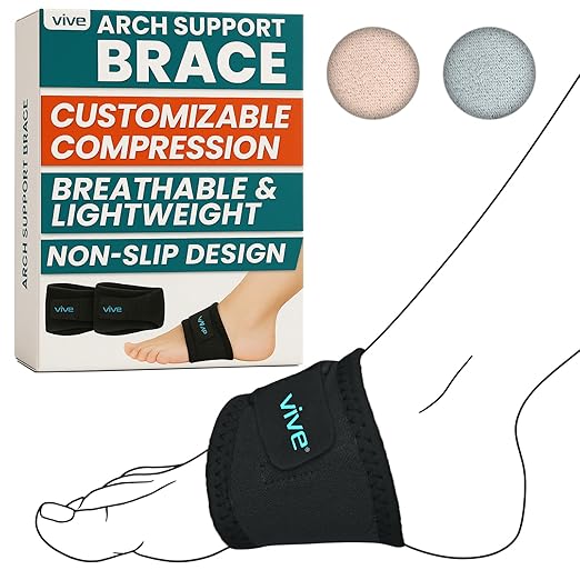 Vive Foot Arch Support Brace (Pair) - Wrap Corrector for Flat Feet, Plantar Fasciitis, Pain Relief, Fallen Arches - Compression Sleeve Strap, Gel Bands Inserts for Women & Men - Wear Under Socks
