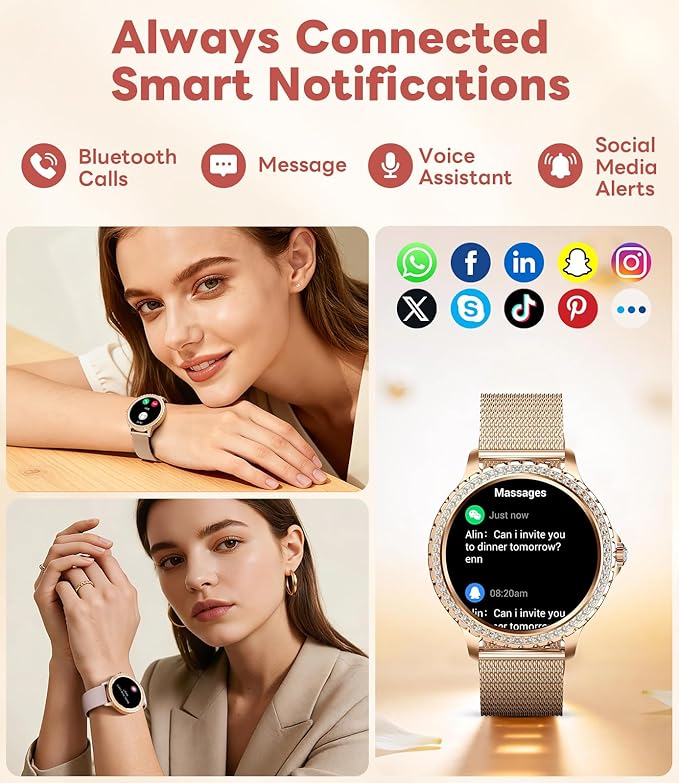 Smart Watch for Women Diamond, Bluetooth Calls, 1.32-inch HD Screen Round Fitness Tracker with Menstrual Cycle/Sleep/Heart Rate Monitor, 100+ Sports Mode, Android/iOS Phone, Rose Gold