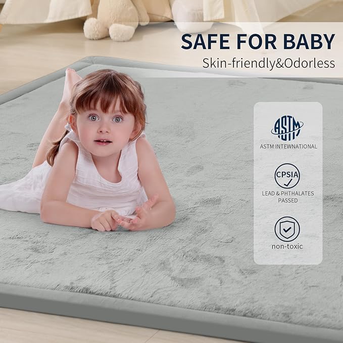 ACOMOPACK Baby Play Mat for Floor 1.3" Thick Memory Foam Play Mat 79"×118" Tummy Time Crawling with Non-Slip Bottom for Living Room,Nursery,Soft Velvet Playpen Mats for Kids,Infants（Light Grey）