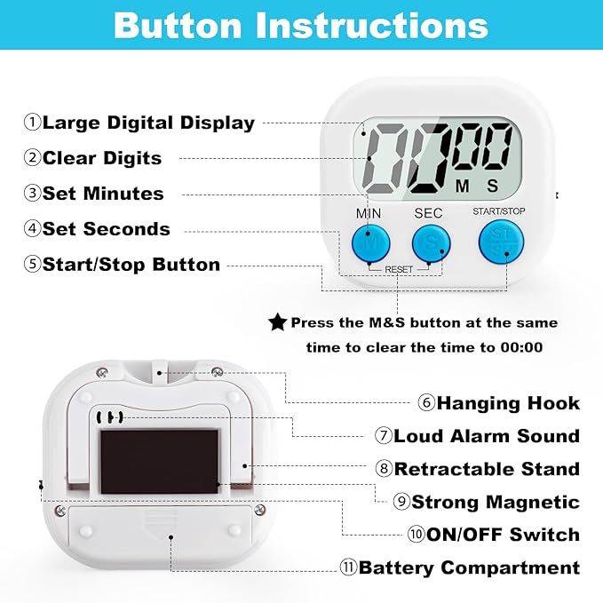 6 Pack Digital Kitchen Timer Multi-Function Magnetic Timers Classroom Timer for Kids Loud Alarm Big LCD Display Electronic Count Up Countdown Timers for Cooking, Classroom, Exercise, Meeting, White