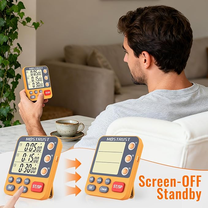 Digital Dual Kitchen Timer, 3 Channels Countdown Triple Timer for Cooking, Magnetic Memory-Preset Large Display Adjustable Alarm Volume, Multi Times Management, 3A Battery Included, Orange