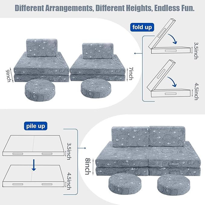 MeMoreCool 8-Piece Kids Modular Play Couch — Glow-in-The-Dark Dinosaur Foam Sofa Set for Toddlers, Convertible Fort Building Furniture with Washable Covers, Playroom Climbing & Creative Play Sofa
