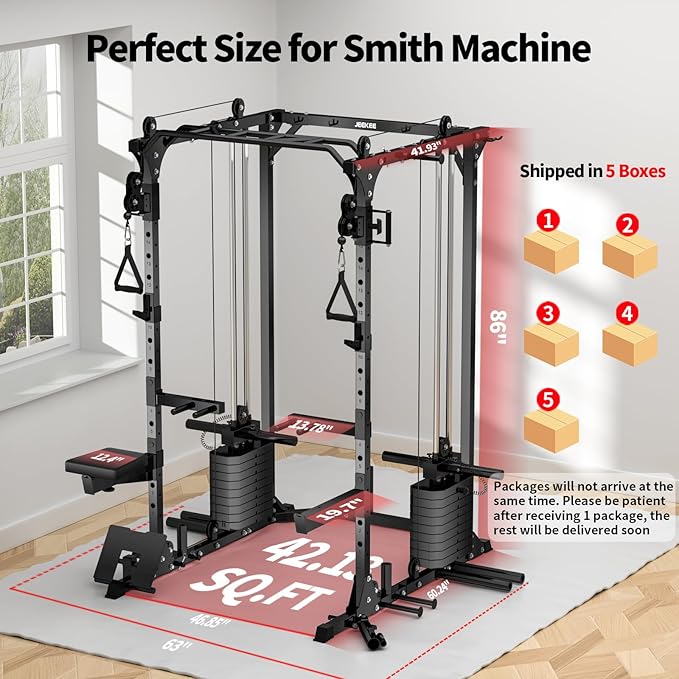JEEKEE Power Cage with Cable Crossover System, 2200LB Heavy Duty Power Rack with Dual Pulley, 180LB Weight Stack, LAT Pulldown, 20+ Attachments for Home Gym,Black