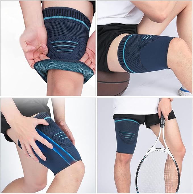 SOLUSTRE 2pcs Sports Compression Leg Sleeves Thigh Band Navy Blue M Breathable Knit Fabric Outdoor Running Leg Support for Men Cycling and Fitness