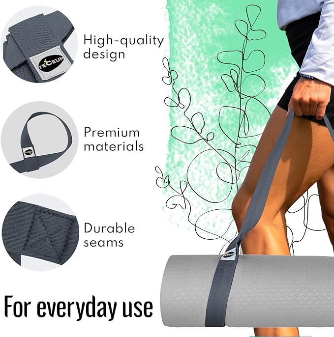 TECEUM Yoga Mat Strap – 30+ Colors – Adjustable Mat Holder Sling Carrier for All Mats [Mat Not Included]