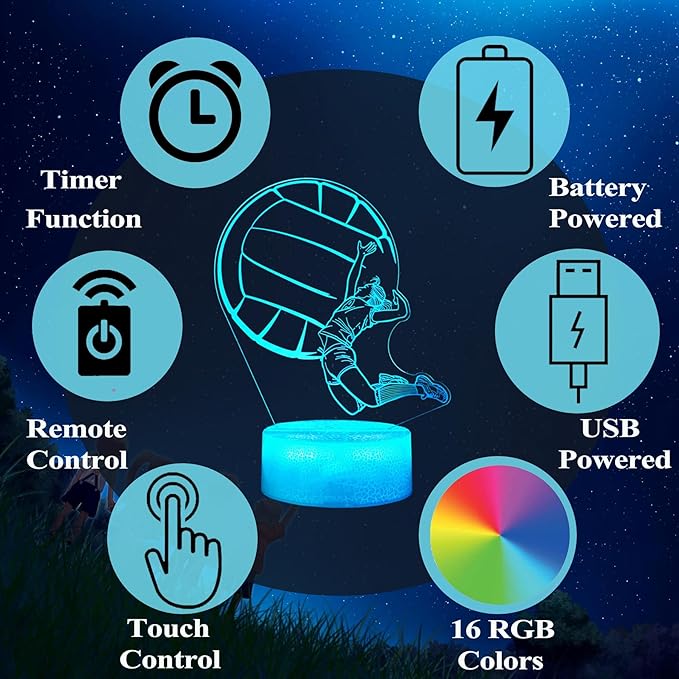 Volleyball Gift for Girls, 3D Night Light, 16 Colors Changing, Remote Control with Timer, RGB Flashing Mode and Dimmable, Volleyball Lamp for Christmas Birthday Decor