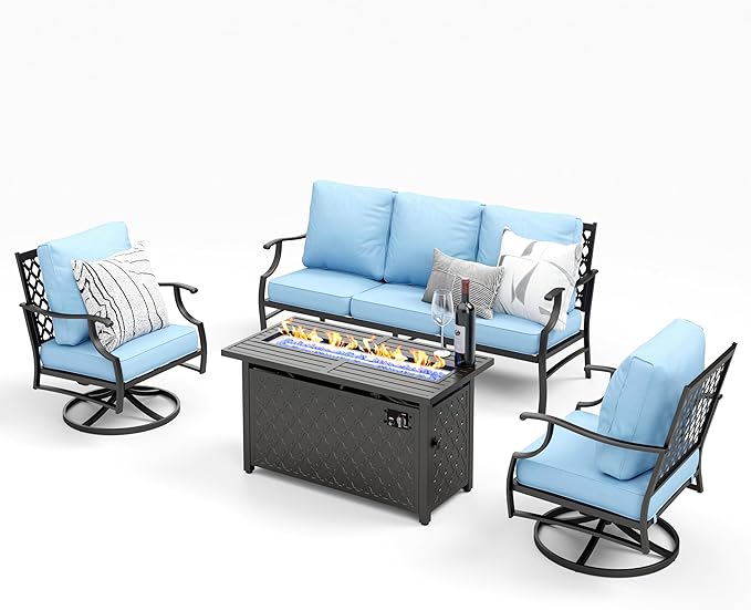 Patio Furniture Set with Firepit Table, 4 Pcs Metal Outdoor Conversation Set, 2 Swivel Chairs and 3 Seater Sofa with 5.75" Extra Thick Cushion and Gas Fire Pit Table for Backyard Deck, Blue