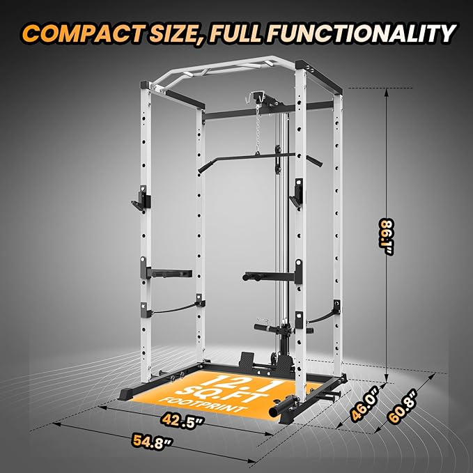 GarveeLife Power Cage, Multi-Function Squat Rack with LAT Pulldown, 1600 LBS Weight Capacity Fitness Power Rack with Cable Pulley System and j-Hooks, Dip Bars and Landmine Attachment for Home Gym