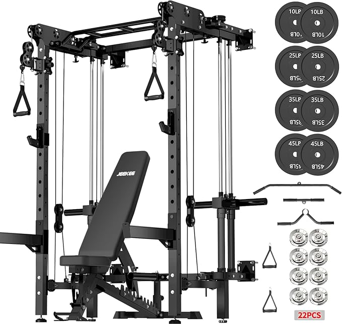 JEEKEE Folding Wall Mounted Power Rack with 180LB Weight Stack, 2400LB 2×3 Heavy Duty Squat Rack, Dual Cable Crossover System 1:1 Ratio, Functional Trainer for Home Gym Small Space,Black