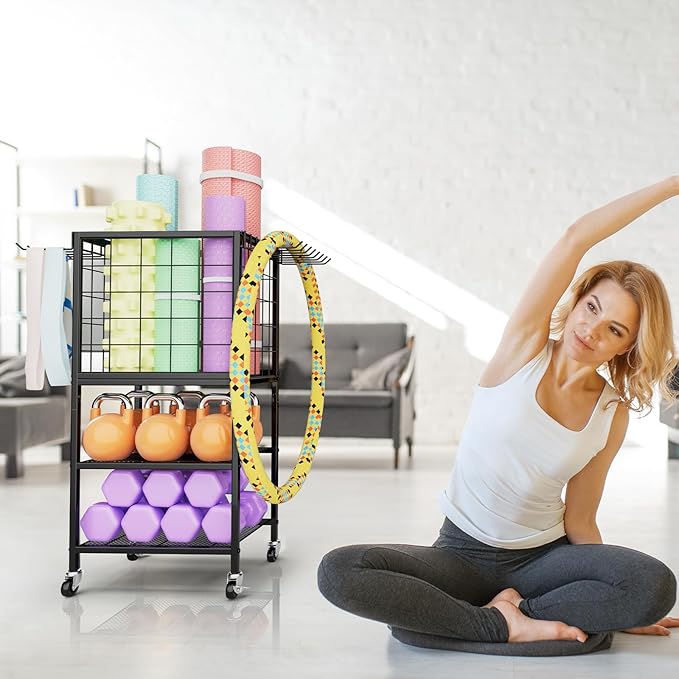 Dumbbell Rack for Home Weight Rack for Home Gym Yoga Mat Storage Rack Black Workout Equipment Storage Organizer with Hooks Yoga Mat Holder with Wheels for Yoga Block, Dumbbell, Resistance Band