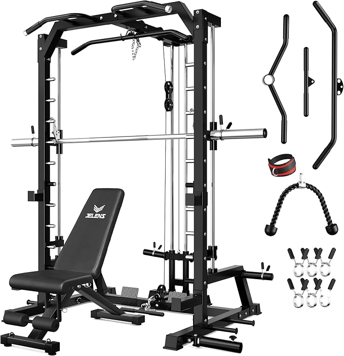 JELENS SR01 Smith Machine, 2000LBS Multi-Function Power Cage with LAT Pulldown System, All-in-One Home Gym Squat Rack with Smith Bar and Training Attachments for Full Body Workouts