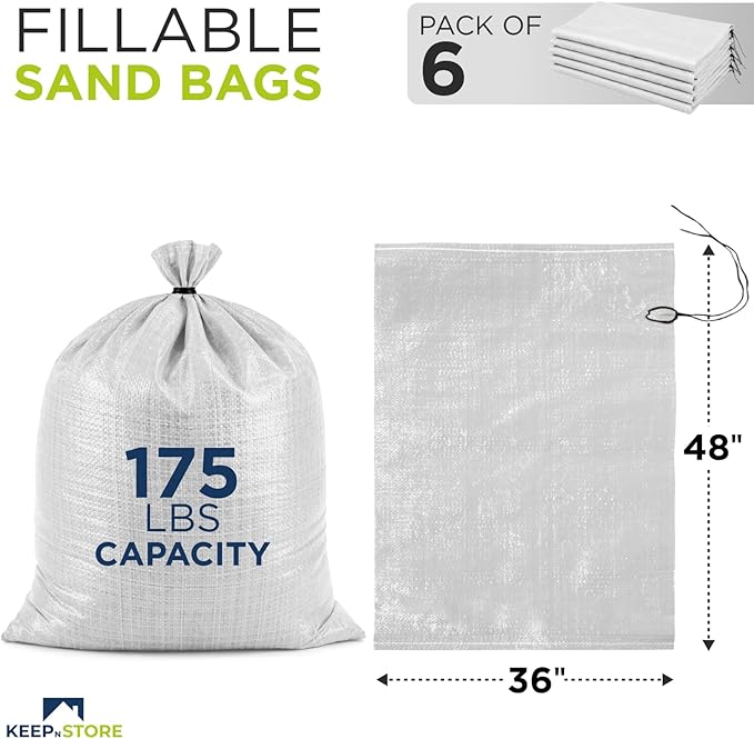 Heavy Duty Sand Bags Pack of 6, White Empty Sandbags with Built-In Ties, Woven Polypropylene UV Protection 1600 Hours, Fillable Bags for Flood Control, Weight, 36x48 inches, 175 Pounds Volume