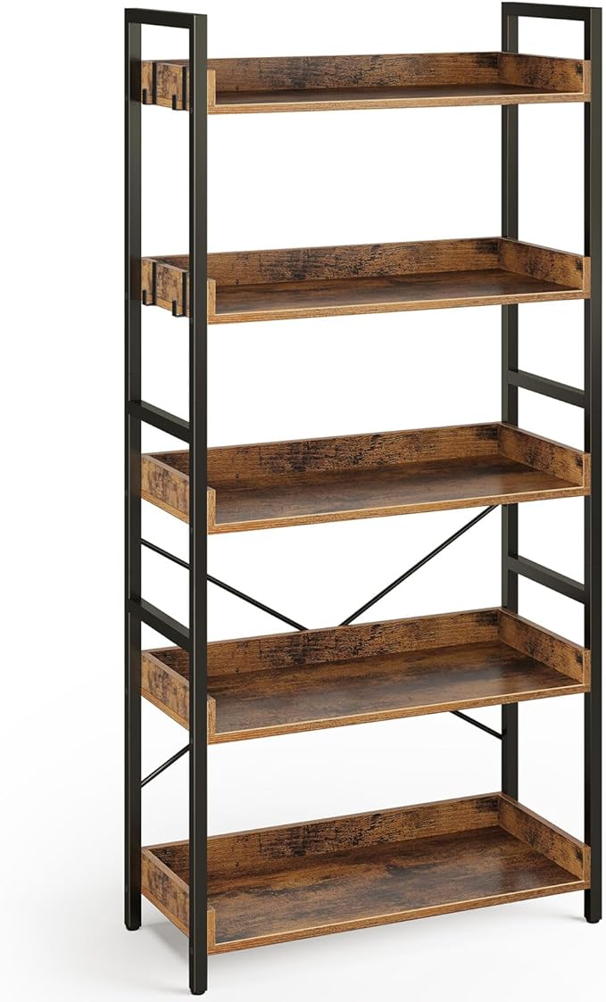 Rolanstar Bookshelf 5 Tier with 4 Hooks, Industrial Wood Bookcase, Vintage Storage Rack with Open Shelves, Rustic Standing Bookshelves Display Rack for Living Room, Bedroom, Rustic Brown
