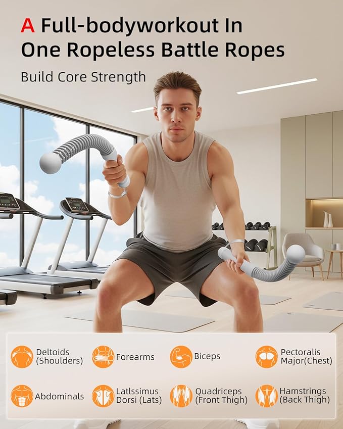 Abahub Weighted Ropeless Battle Rope, Portable Silent Home Workout Equipment, Space Saving Home Gym with Workout Gloves, HIIT and Low-Impact Aerobic Training for Men & Women, 2PCS Grey