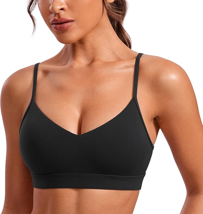 CRZ YOGA Butterluxe V-Neck Sports Bras for Women - Adjustable Thin Straps Padded Yoga Top Basic Wireless Camisole