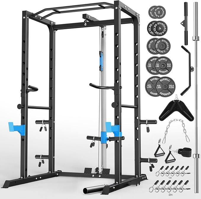 ULTRA FUEGO Power Cage, Multi-Functional Power Rack with J-Hooks, Dip Handles, Landmine Attachment and Optional Cable Pulley System for Home Gym