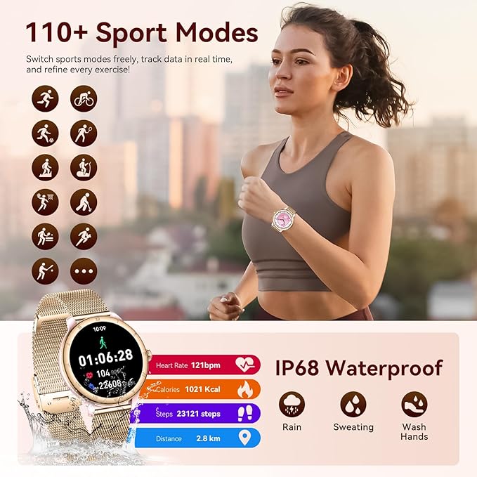 Smart Watches for Women, HD Screen Fitness Tracker 5ATM Waterproof with Bluetooth Make/Answer Calls, Activity Trackers with Heart Rate/Sleep/Female/SpO2 Monitor, Smartwatch for iPhone/Android(2 bands)