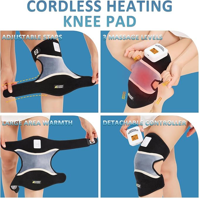Cordless Knee Massager with Heat & Vibration,Rechargeable Knee Heating Pad for Pain Relief for Arthritis, Joint Pain, Sports Injuries,Heated Knee Brace for Men & Women