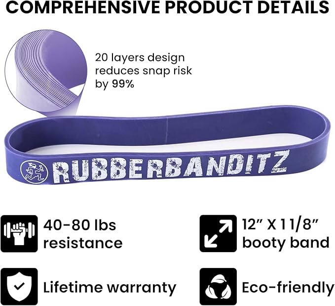Rubberbanditz Extra Thick Booty Bands - for Glutes and Legs Workouts - Includes eGuide for Women - Mini Loop Exercise Band Engages HIPS, Thighs, Butt, and Abs - 5 Mini Resistance Band Sizes 5-100 lbs