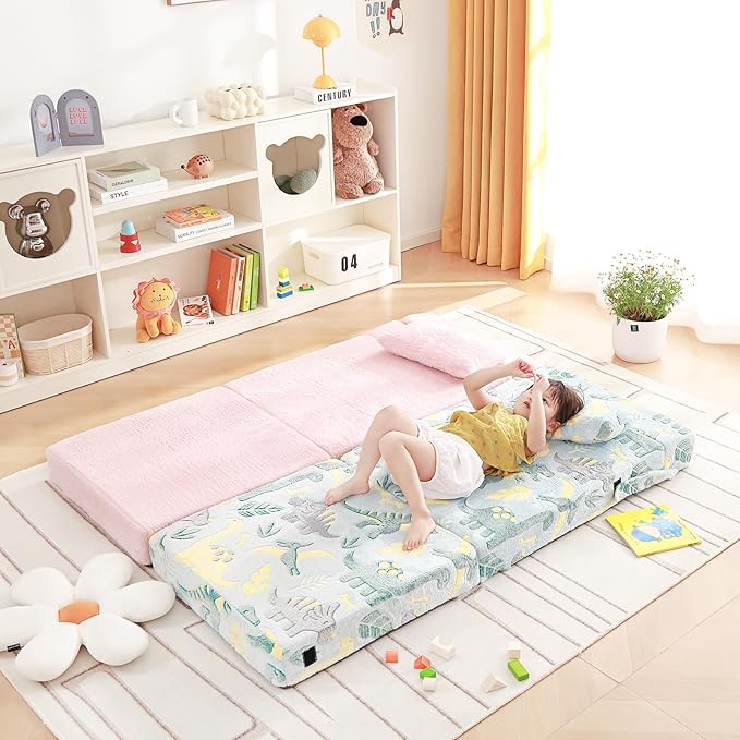 Folding Sofa Bed Floor Mattress for Kids With Pillow, Toddler Glow Washable Nap Mat for Sleeping, Child Fold Up Futon Chair Bed With Storage Bag for Girls Boys