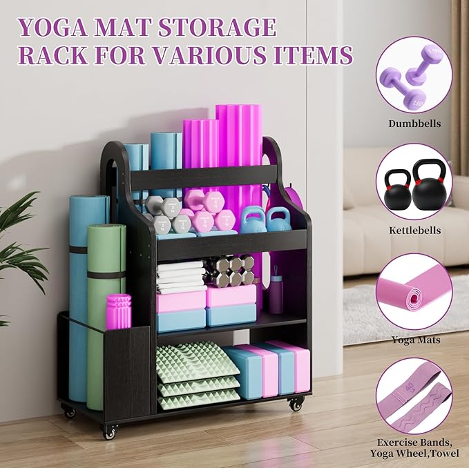 Home Gym Storage Rack Yoga Mat Holder with Wheels and Hooks, All in One Workout Storage for Yoga Mat, Foam Roller,Small Dumbbells, Kettlebel Gym Organizer Storage for Home Exercise(Wood)