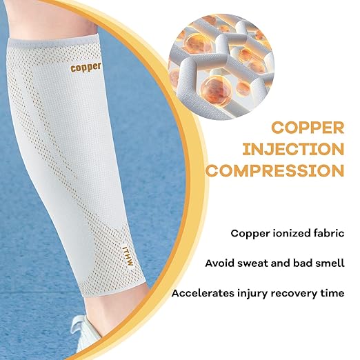 Copper Calf Compression Sleeves for Men & Women - High Stretch Graduated Compression with Anti-Slip Grip | Breathable & Smooth Lining Footless Design for Runners, Shin Splints, Leg Fatigue & Travel (Light Gray, Small)