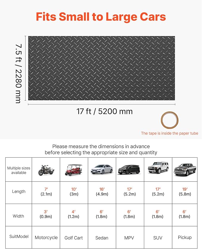 VEVOR Garage Floor Roll, 7.5 x 17 ft Garage Flooring Mat, 2.2 mm Thickened PVC Diamond Plate Floor Protector Mat with Double-Sided Tape, Non-Slip, Easy to Clean for Warehouse, Gyms, Trailer, Black