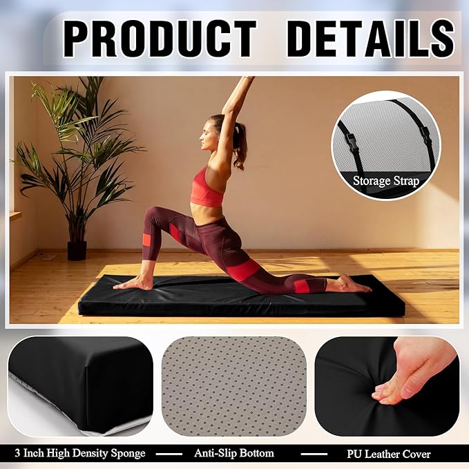 Lyrow 3 Inch 72"x 24" Thick Foldable Yoga Mat with Carry Strap, Non-slip Portable Foam Gym Mat for Yoga, Pilates and Stretching