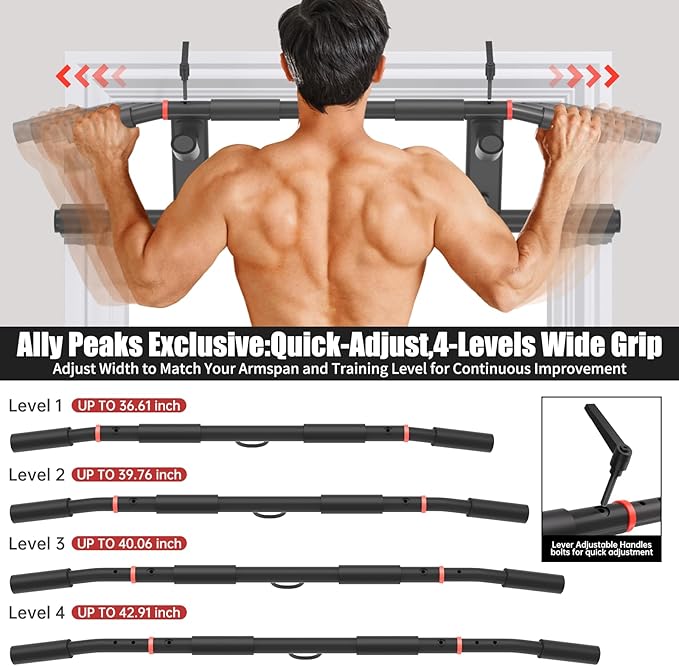 Ally Peaks Pull Up Bar for Doorway,Adjustable Handle Width Pullup Bar with 2Pcs Exercise Resistance Bands,New 2026 Upgraded At Home Workout Equipment Chin Up Bar,Multiple Original U.S. Patents