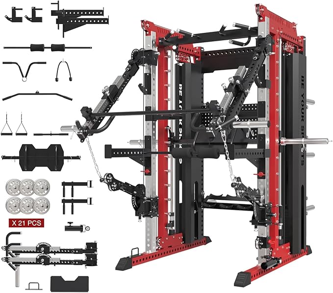 Commercial Smithe Machine with Dual Weight Stacks, Power Cage Squat Rack with Lever Arm & Leg Press Attachment, Multi-Function Linear Bearing Cable Crossover Machine for Home Gym