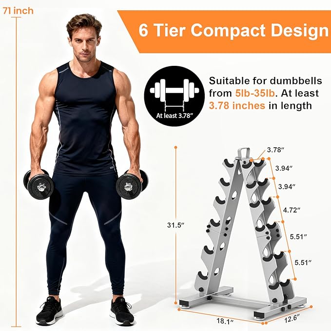 TomCare 6-Tier|5-Tier|4-Tier Dumbbell Rack Stand Only, Weight Rack for Home Gym Storage Stand for Weights Metal A-Frame Strength Training Dumbbell Holder with Handle (Dumbells not Included)
