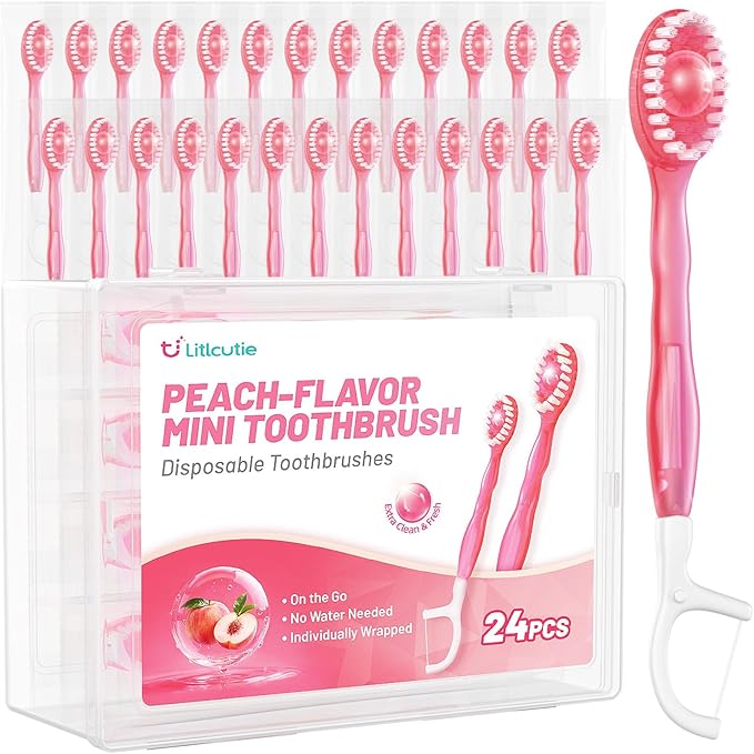 24 Pack 5-in-1 Disposable Toothbrushes with Toothpaste, Floss, Pick & Tongue Scraper, Portable Mini Toothbrush Travel Set for Kids Adults, Individually Wrapped, Work Camping, Peach Flavor