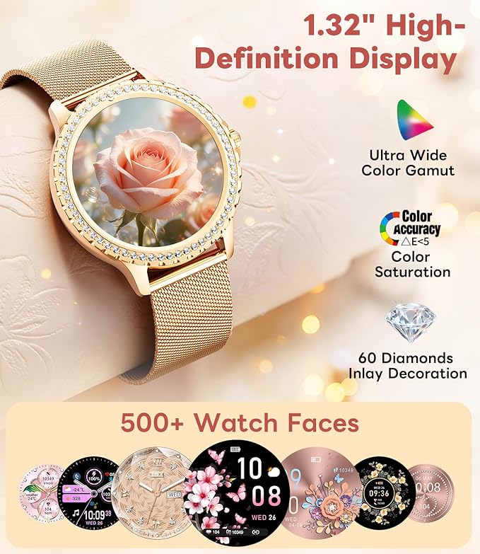 Smart Watch for Women Diamond, Bluetooth Calls, 1.32-inch HD Screen Round Fitness Tracker with Menstrual Cycle/Sleep/Heart Rate Monitor, 100+ Sports Mode, Android/iOS Phone, Rose Gold