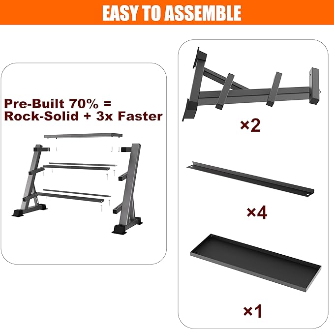 Heavy Duty 3 Tier Dumbbell Rack Stand, 1200LBS Commercial Weight Storage Organizer for Home Gym (Select Frame Type: Kettlebell Flat Tray, All Rails, or Rolling Wheels), Stand Only