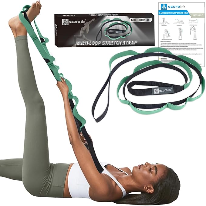 A AZURELIFE Half-Elastic Stretch Straps with 11 Loops, Stretching Strap for Physical Therapy, Multi-Loop Yoga Strap Fitness Exercise Strap for Yoga, Pilates, Dance, Flexibility&Exercise