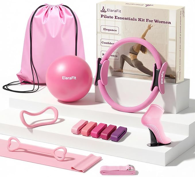 Home Pilates Ring and Ball Set for Women with 5 Resistance Bands 13 inch Magic Circle Workout Starter Kit for Beginners Full Body Toning 15 Min Daily Routine
