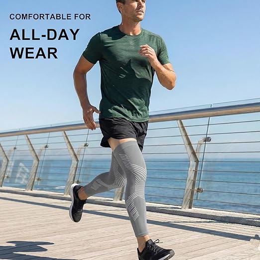 NuCamper Full Leg Compression Sleeves for Men and Women,2 Pack Legs Sleeves Long Knee Brace Support for Running, Basketball, Cycling, Workout, Sports - Gray,L