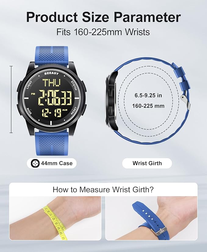 Beeasy Digital Watch for Men Women, 50M Waterproof, Ultra-Thin & Lightweight, 44mm Silicone Sports Watch with Alarm, Stopwatch, Countdown, Ideal for Gym, Running, School, Daily Wear