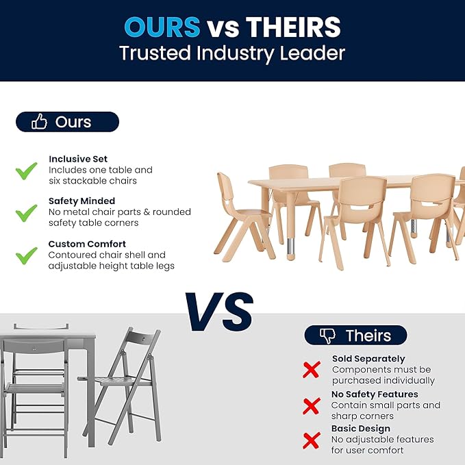 Flash Furniture Emmy Adjustable Classroom Activity Table with 6 Stackable Chairs, Plastic Activity Table for Kids, 23.625" W x 47.25" L, Natural