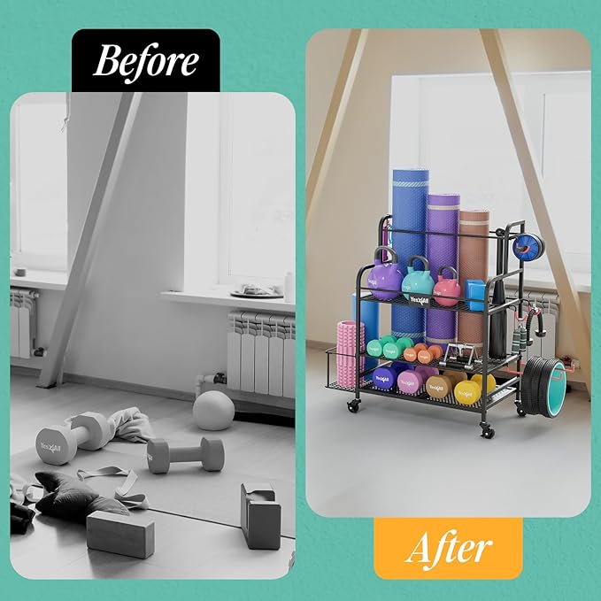 Yes4All Dumbbell Rack, Weight Rack for Home Gym, Sports Equipment Organizer for Dumbbells Kettlebells Yoga Mat Foam Roller and Balls, All in One Gym Workout Storage with Wheels and Hooks, Black