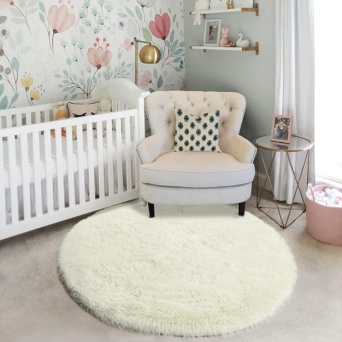 Amdrebio Ivory White Small Round Rug 3Ft