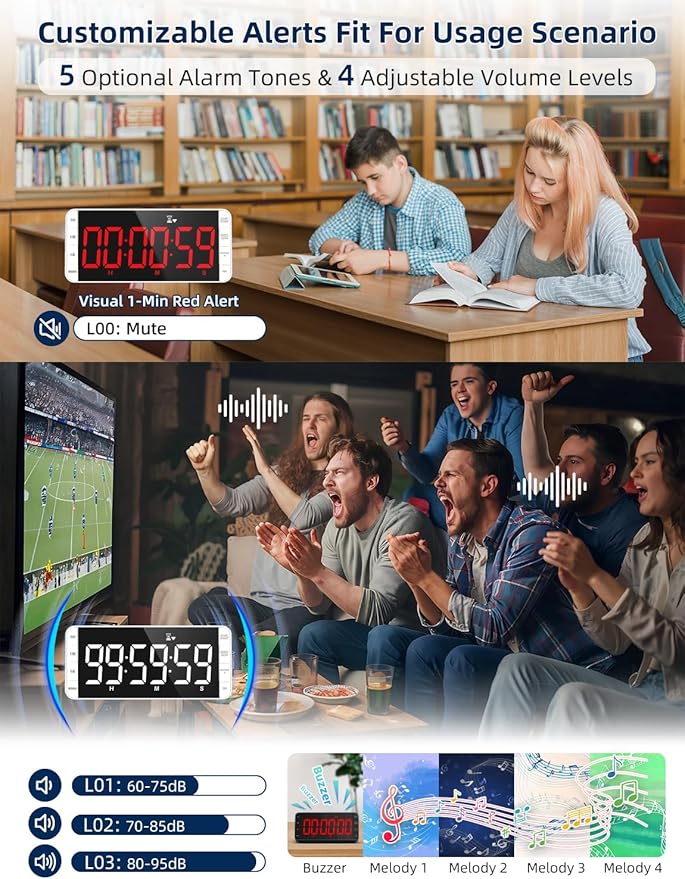 7.8" Digital Kitchen Timer with Large LED Display, Magnetic Rechargeable Countdown Timer, 5 Alarms & 4 Volume Levels, 99H Count Up/Down Timer for Cooking, Classroom & Study
