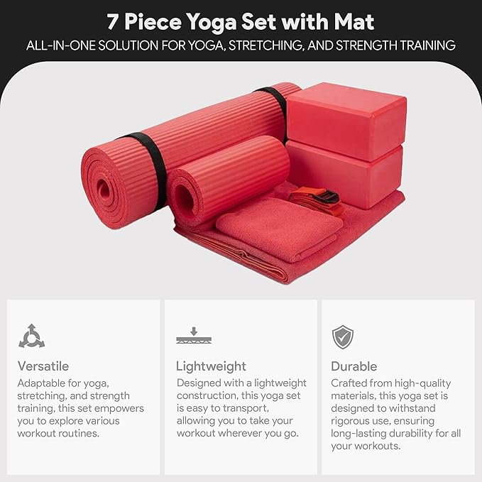 BalanceFrom 7-Piece Yoga Set with 71x24x0.5 Inches Extra Thick Mat and Carrying Sling – Includes 2 Blocks, Stretch Strap, 2 Towels, and Knee Pad for Home, Studio, and Gym Workouts